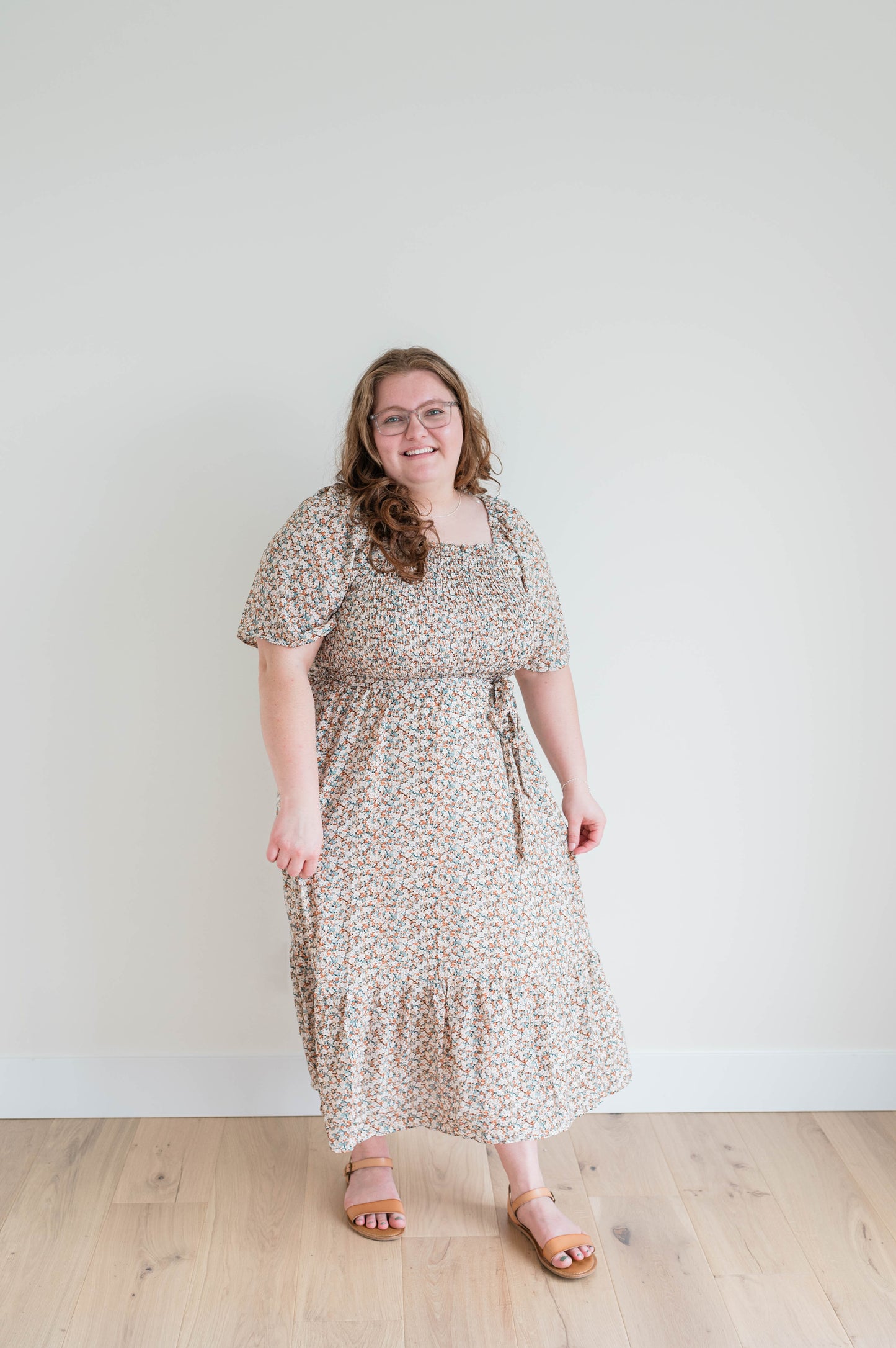 Ditsy Floral Smocked Belted Dress Cream