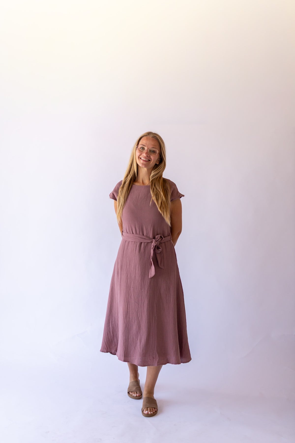 Lily Gauze Belted Midi Dress -Mauve