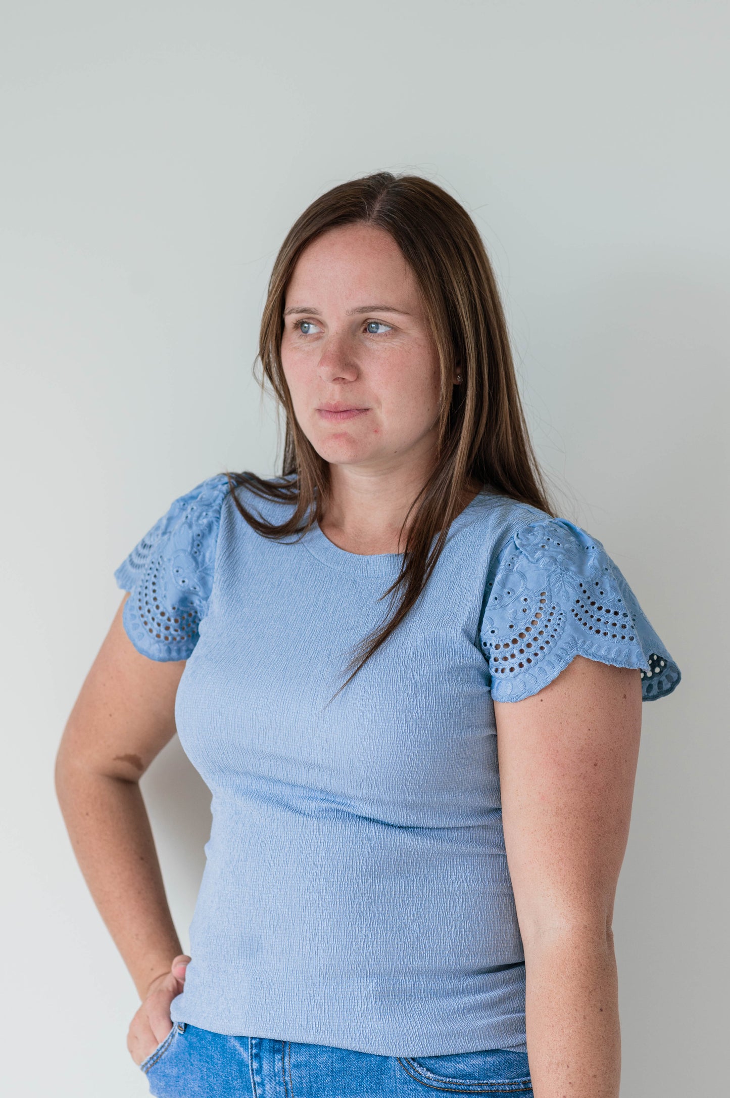 Dusty Blue Eyelet Knit Top