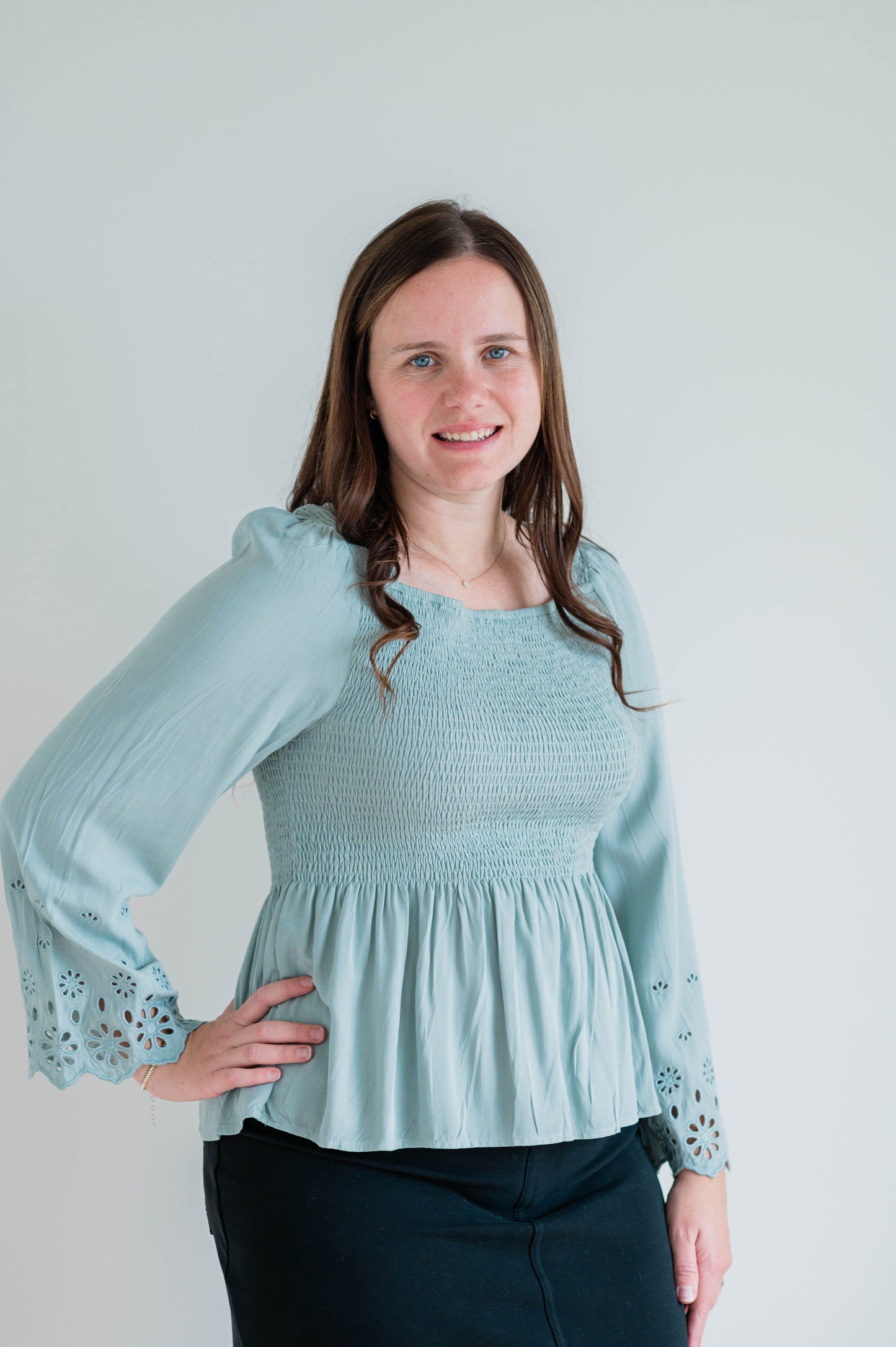 Eyelet Sleeve Smocked Top - Sage