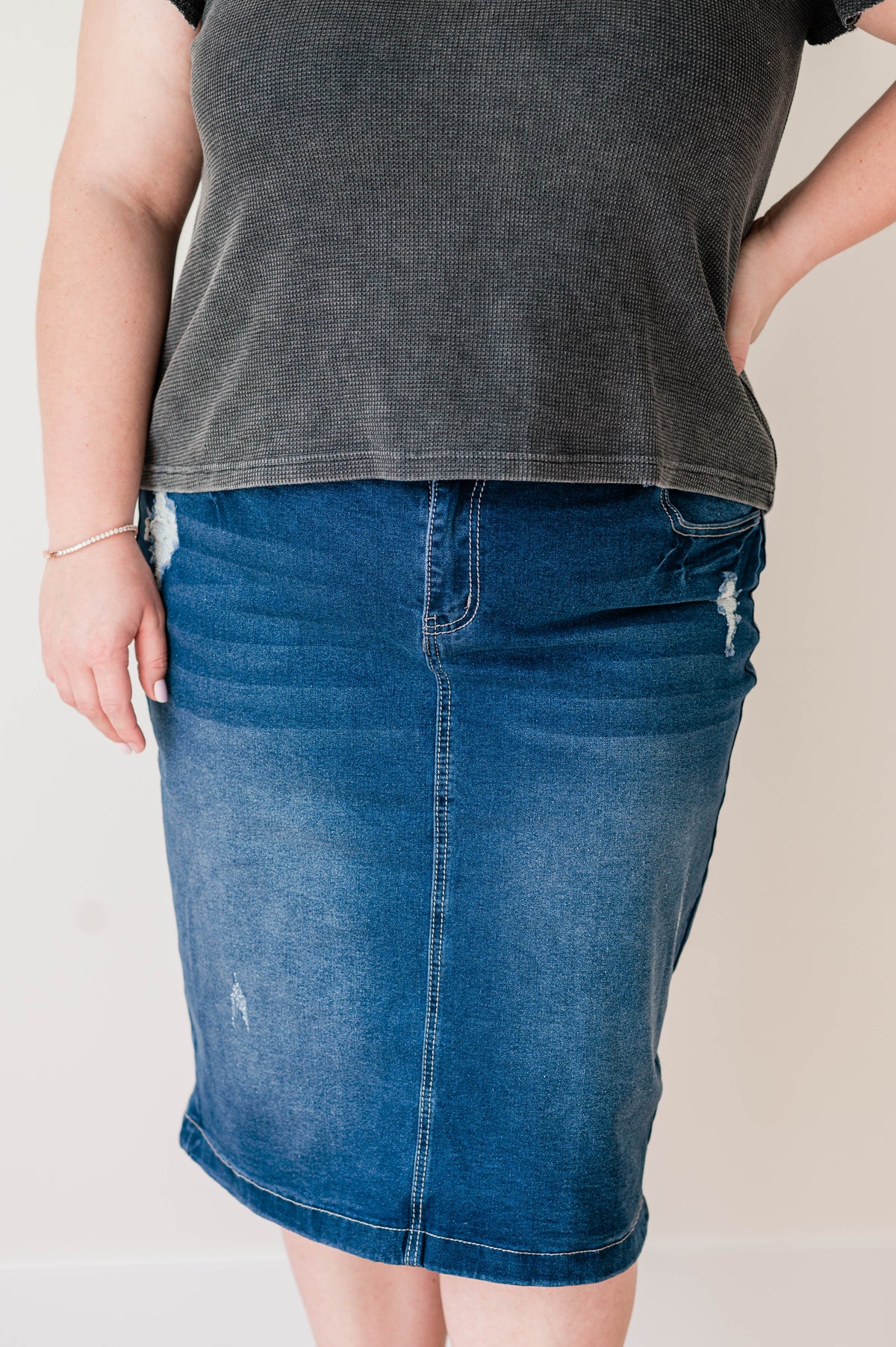Medium Wash Distressed Skirt - Plus