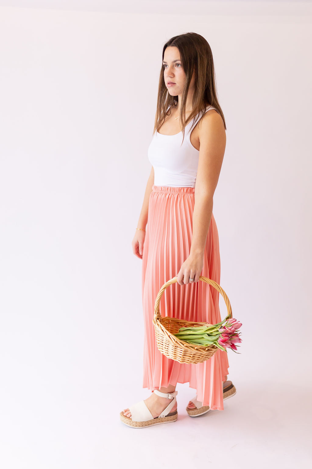 Freya Pleated Midi Skirt -Peach
