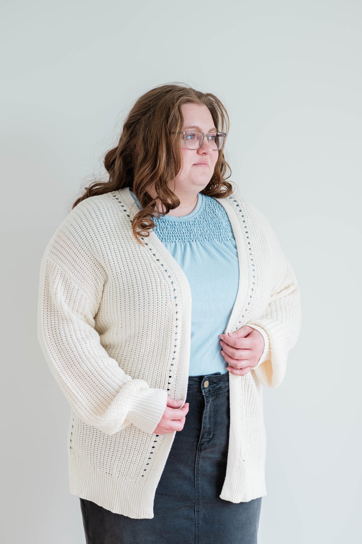 Eyelet Cardigan Oatmeal -Plus