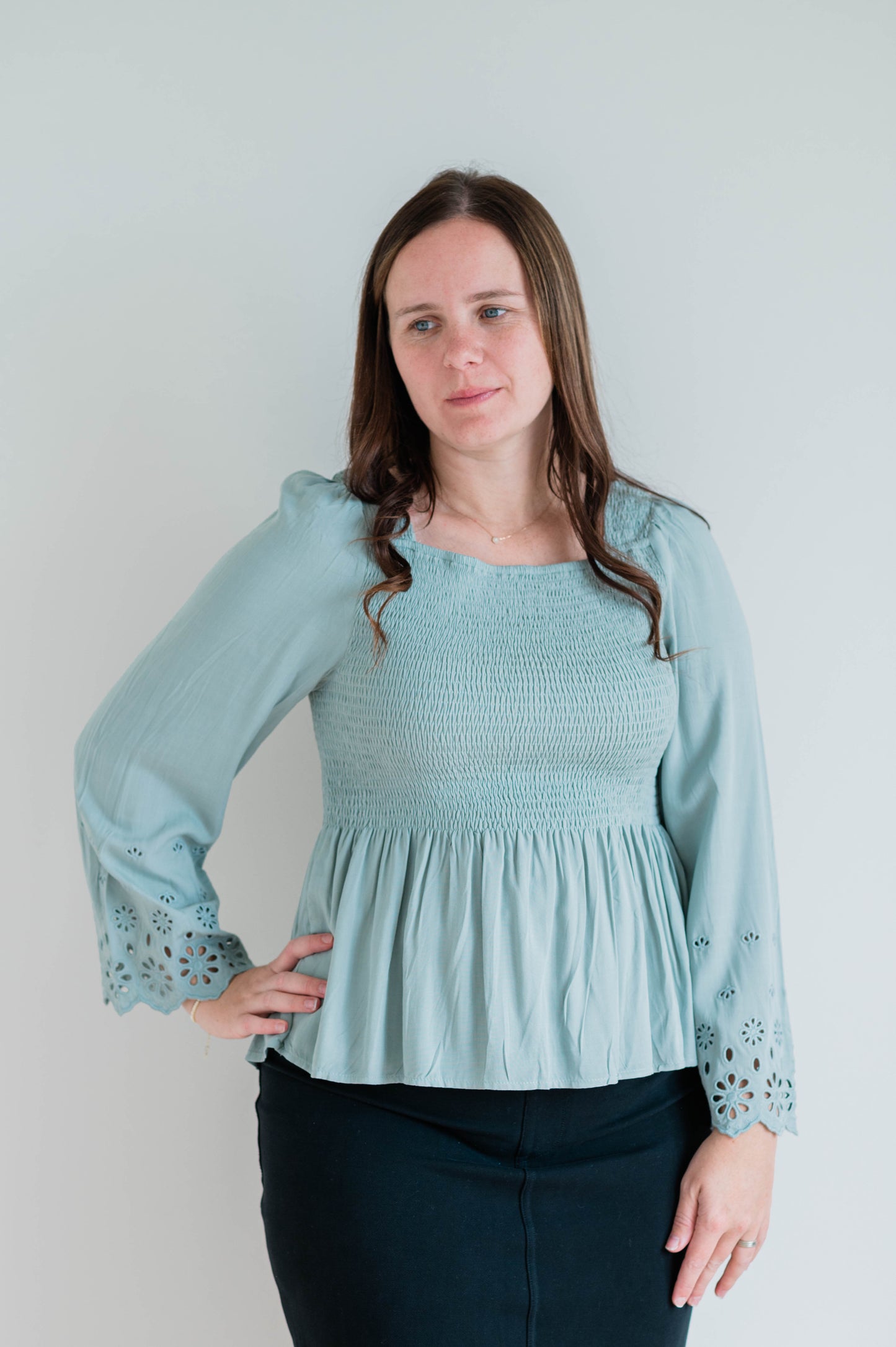 Eyelet Sleeve Smocked Top - Sage