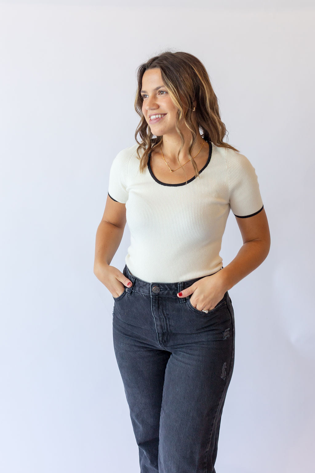 Scoop Neck Sweater Top -Cream