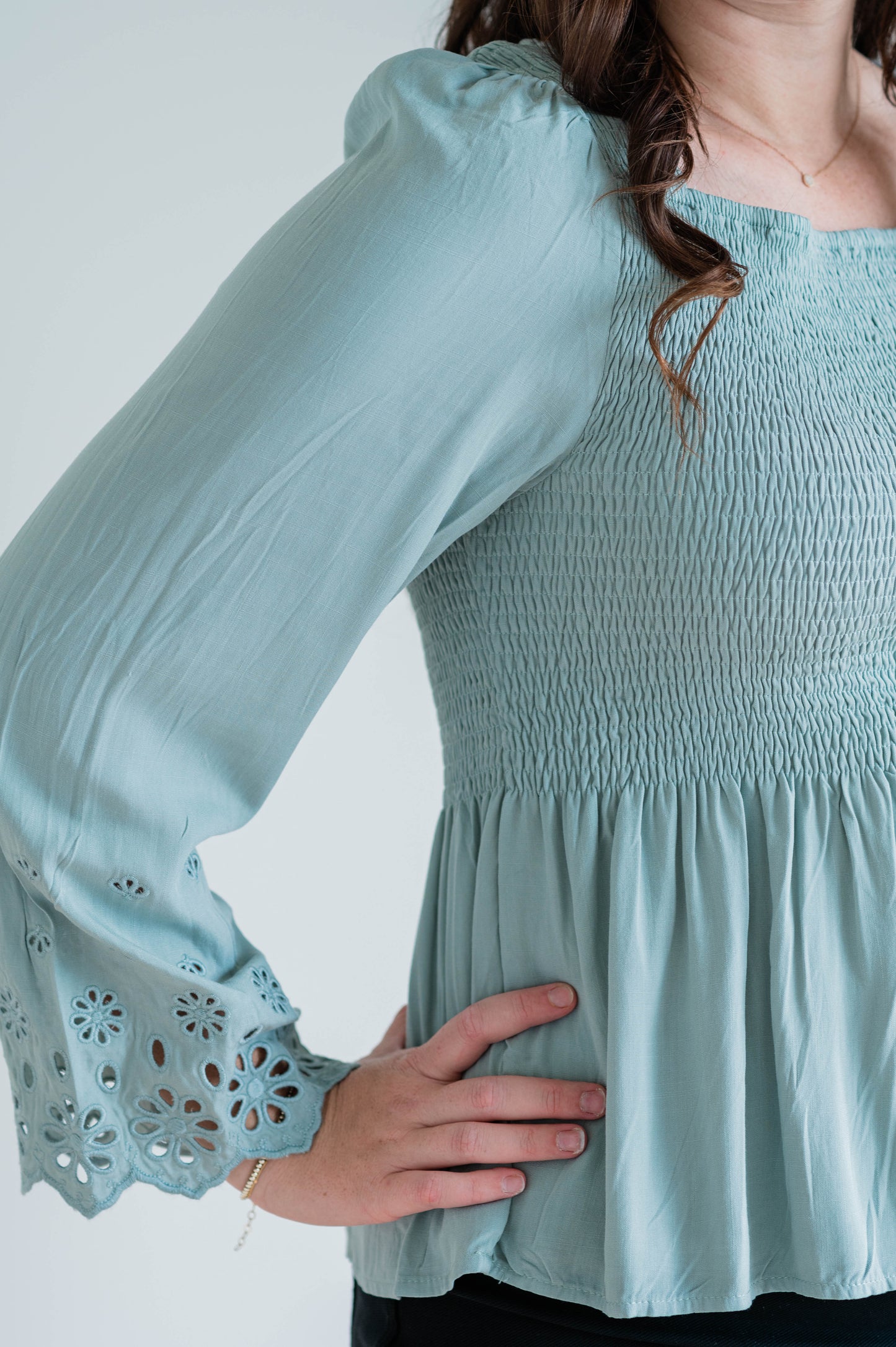 Eyelet Sleeve Smocked Top - Sage