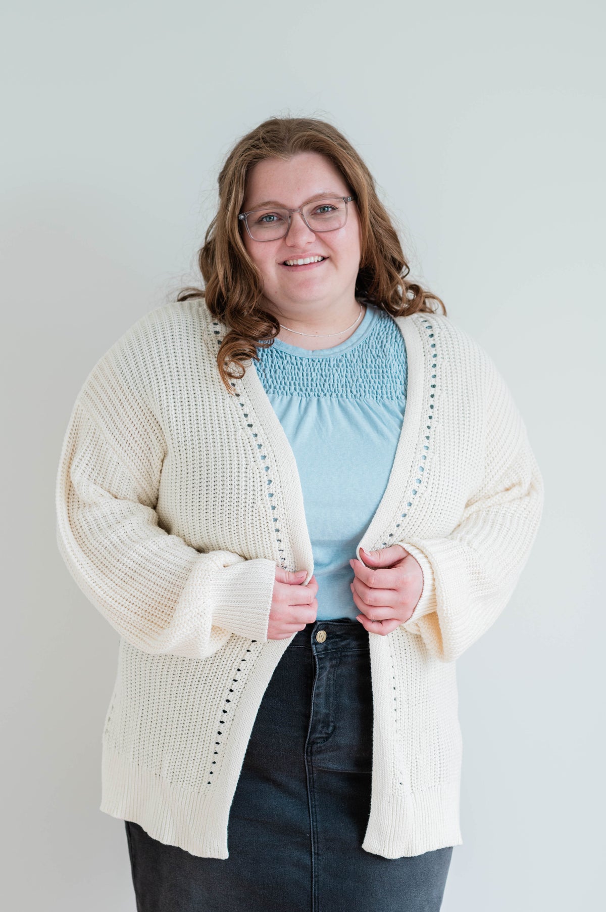 Eyelet Cardigan Oatmeal -Plus