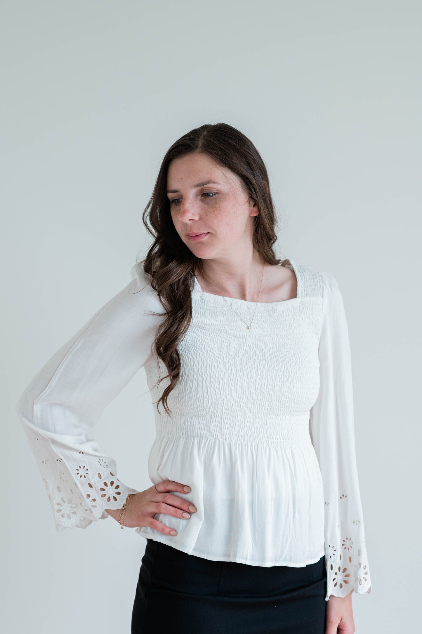 Eyelet Sleeve Smocked Top - Off White