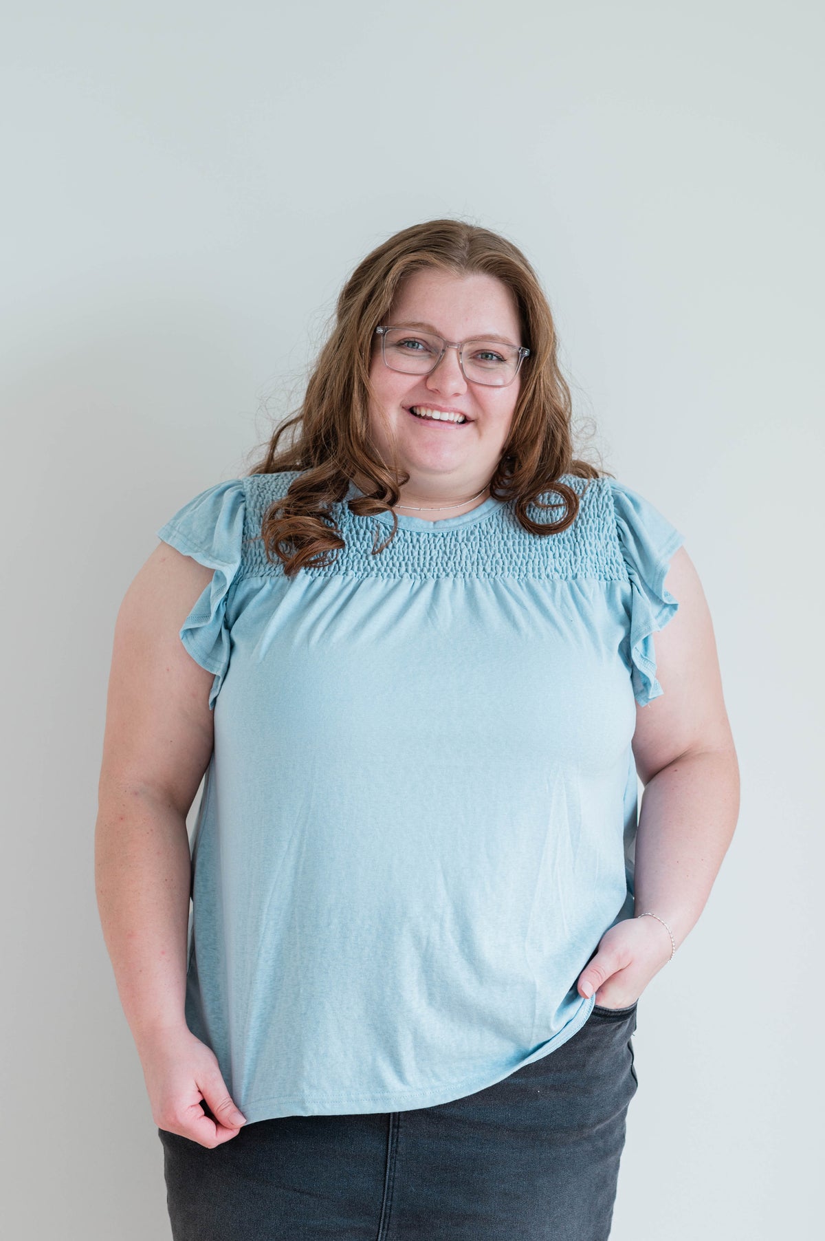 Smocked Ruffle Shoulder Knit Top -Plus