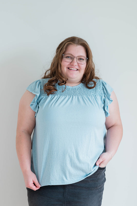 Smocked Ruffle Shoulder Knit Top -Plus