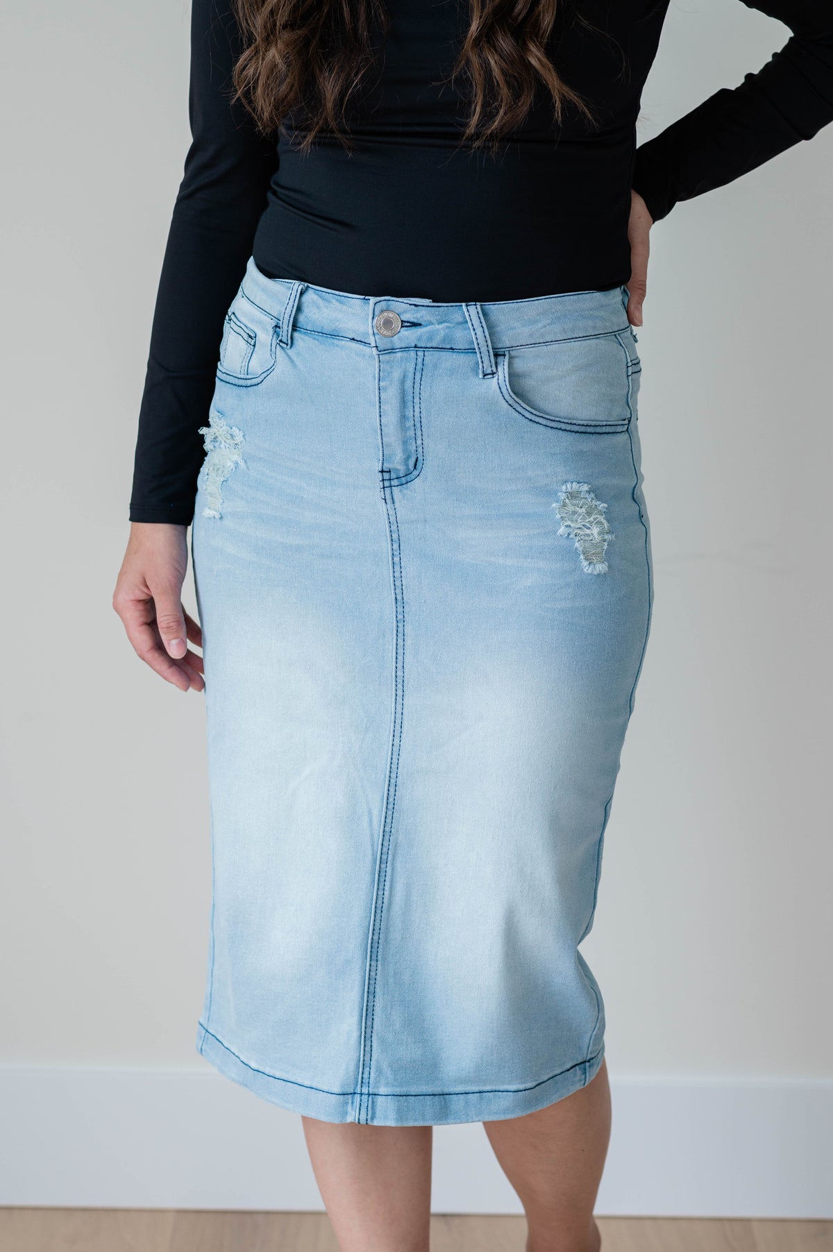 Light Wash Distressed Denim Skirt