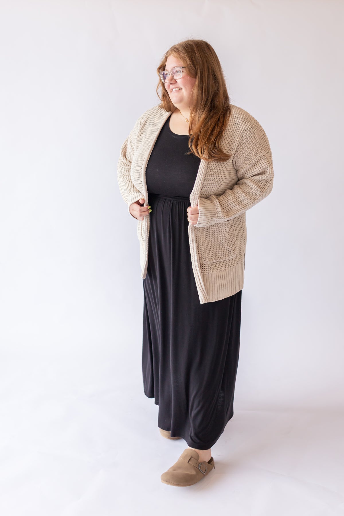 Waffle Sweater Cardigan Beige -Plus