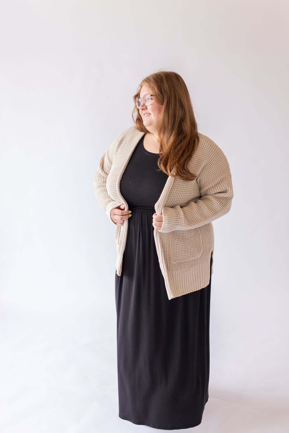 Waffle Sweater Cardigan Beige -Plus