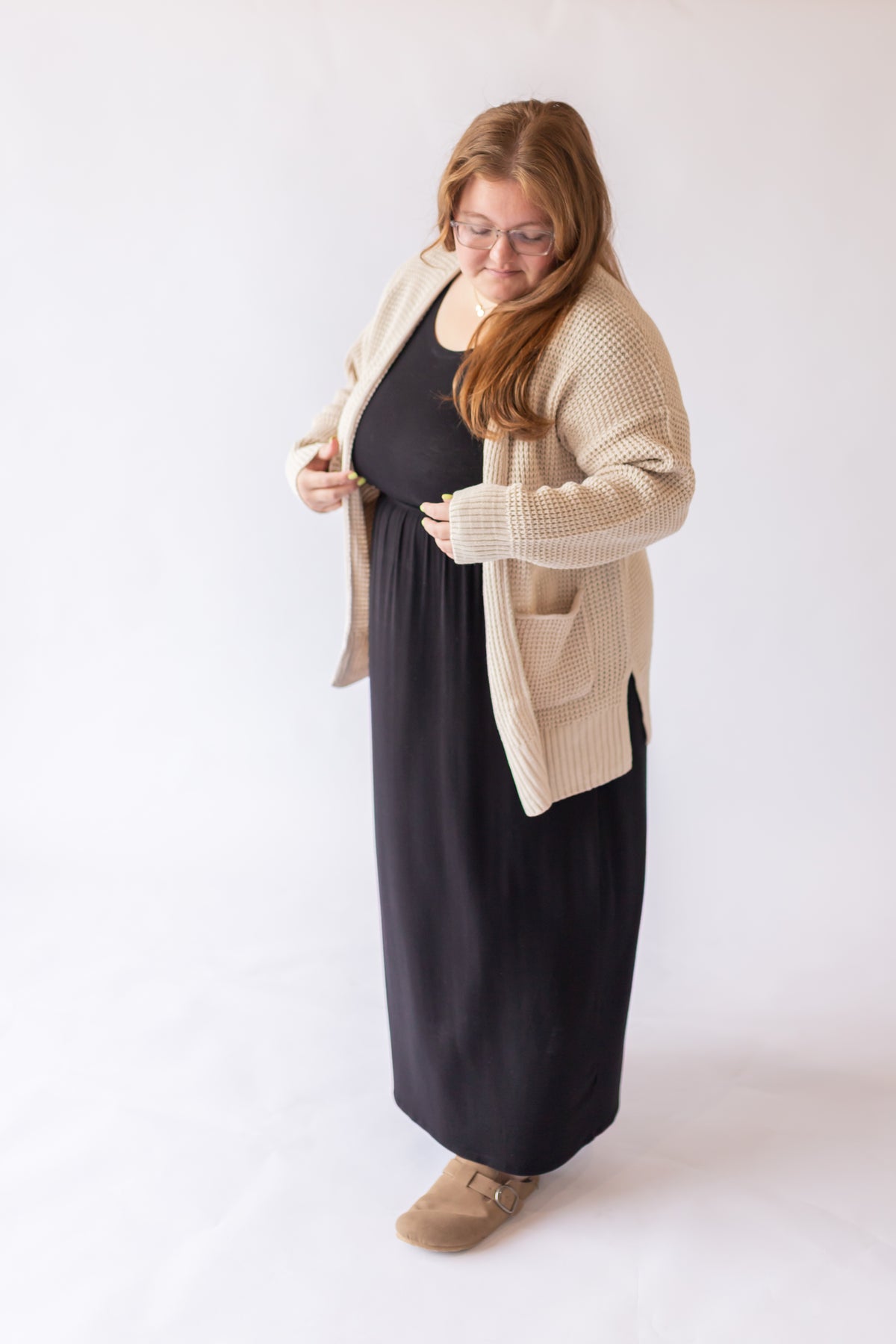 Waffle Sweater Cardigan Beige -Plus