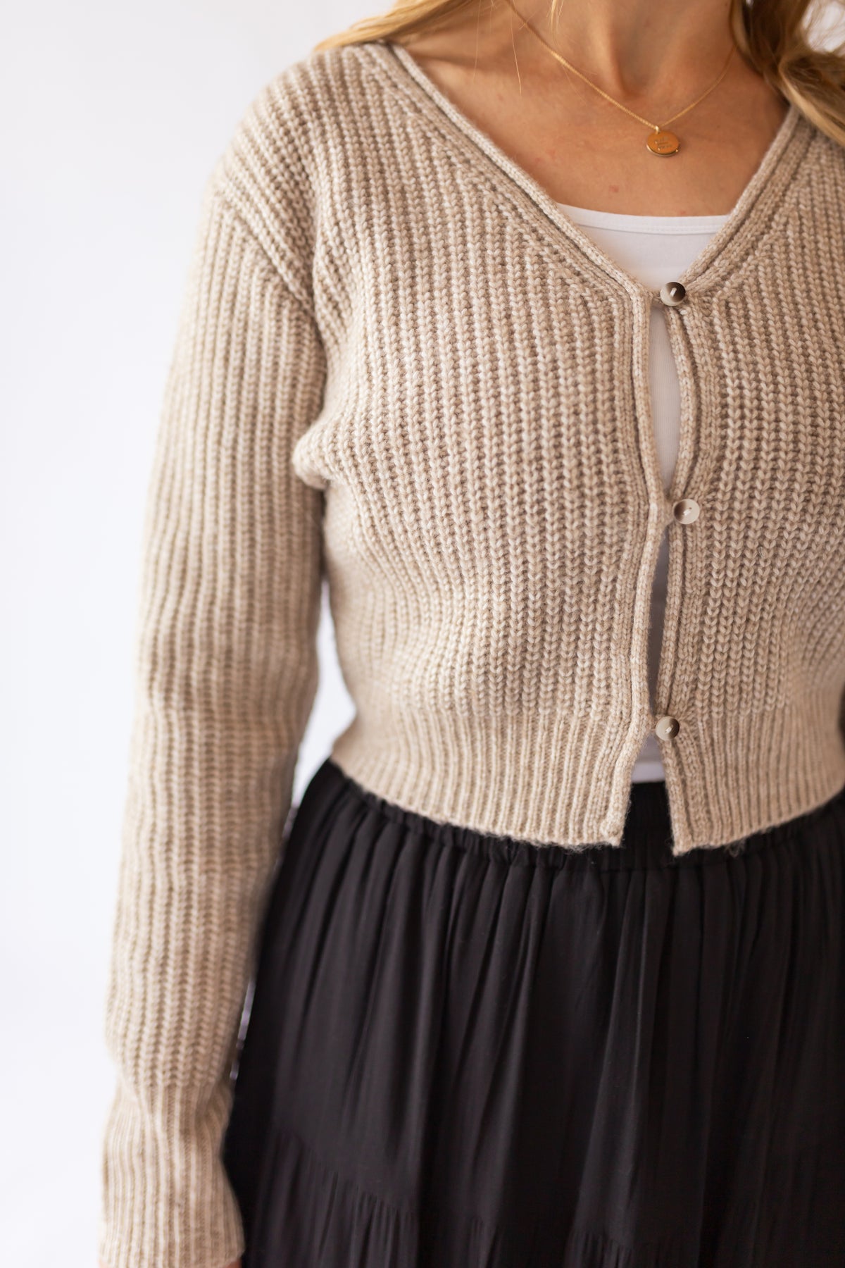 V-neck Ribbed Cardigan -Taupe