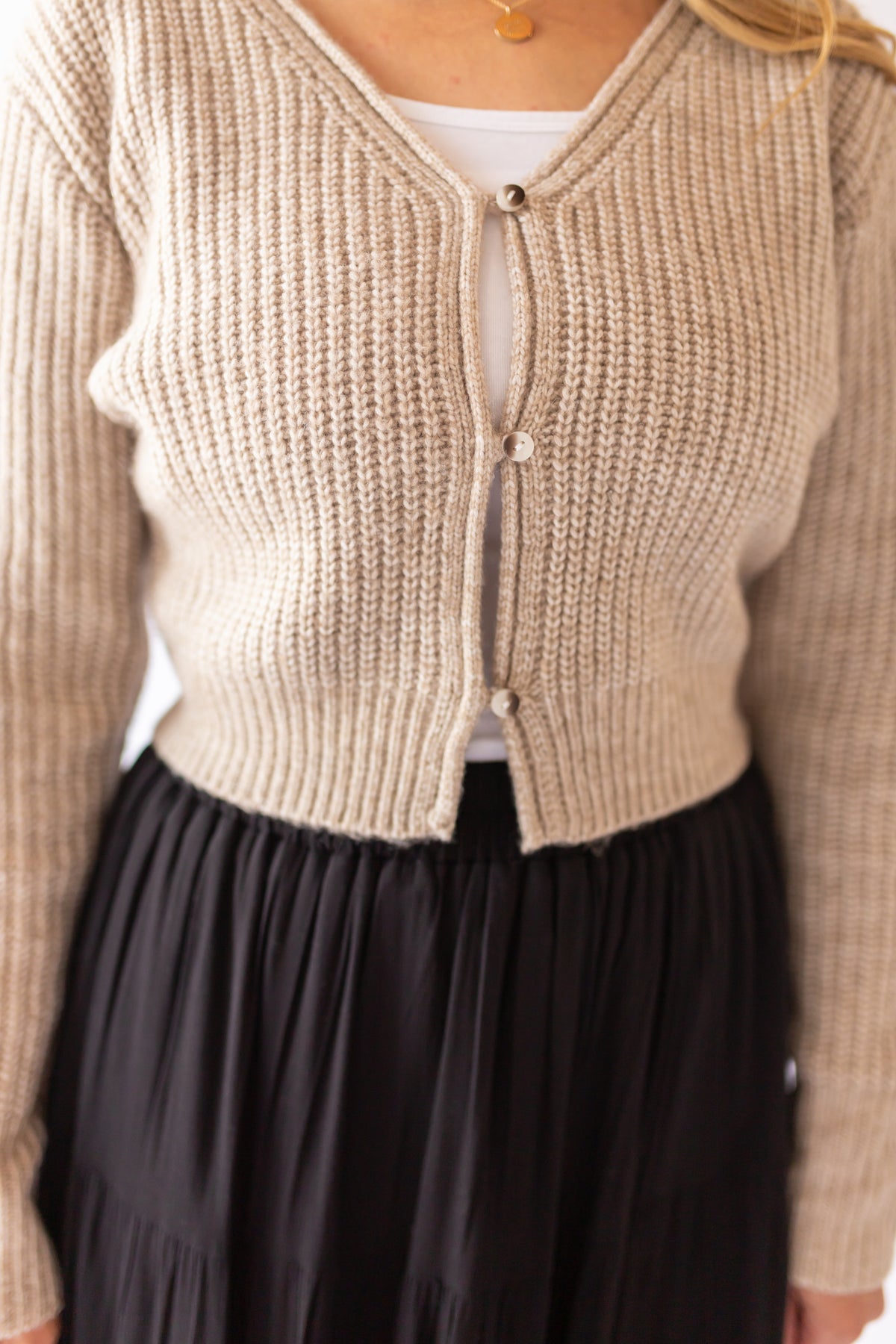 V-neck Ribbed Cardigan -Taupe