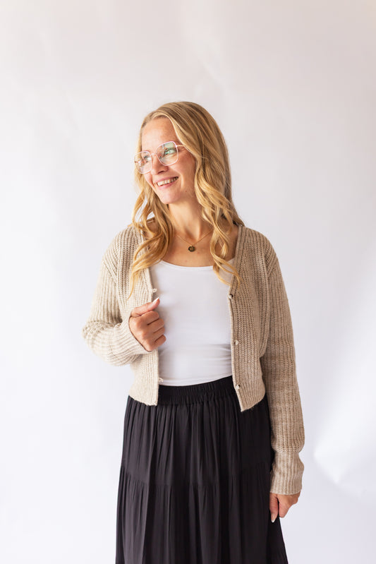 V-neck Ribbed Cardigan -Taupe