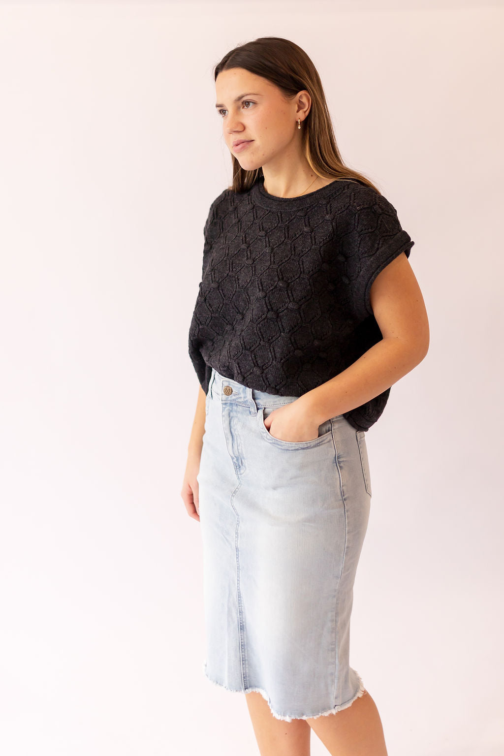 Hayden Popcorn Sweater Top -Charcoal