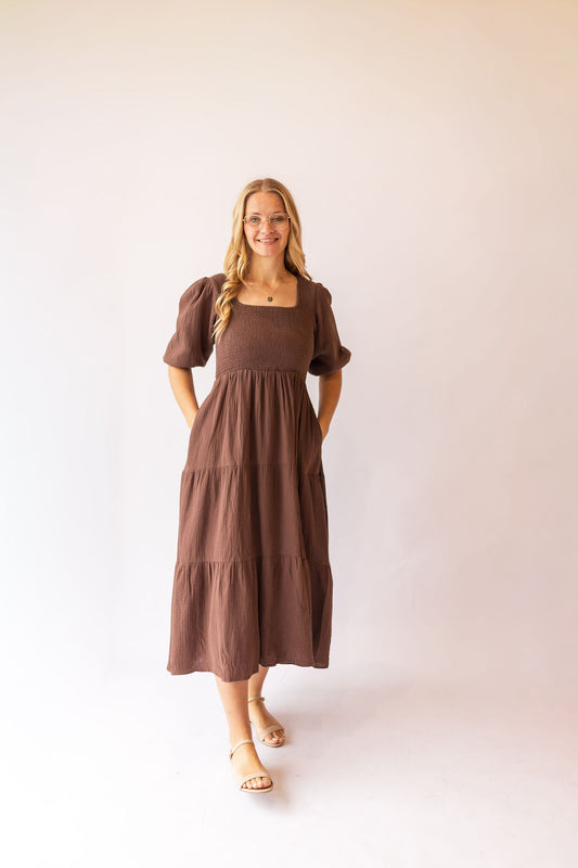 Kayleen Gauze Smocked Maxi Dress -Chocolate Brown