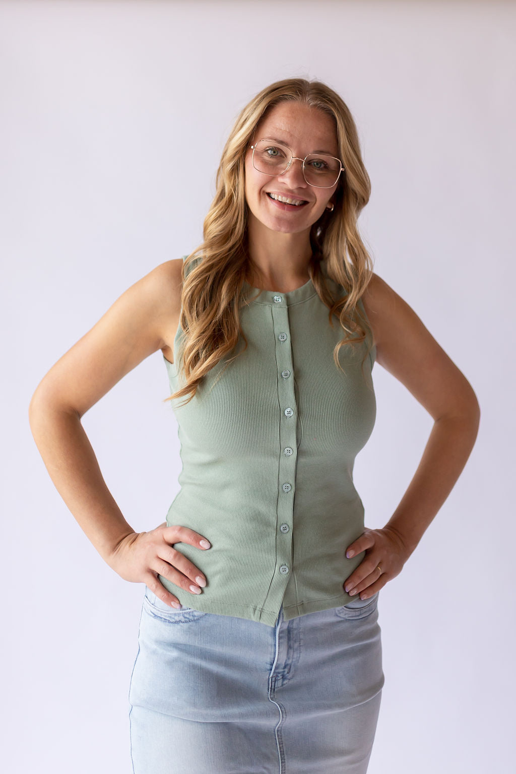 Ribbed Button Up Top -Green