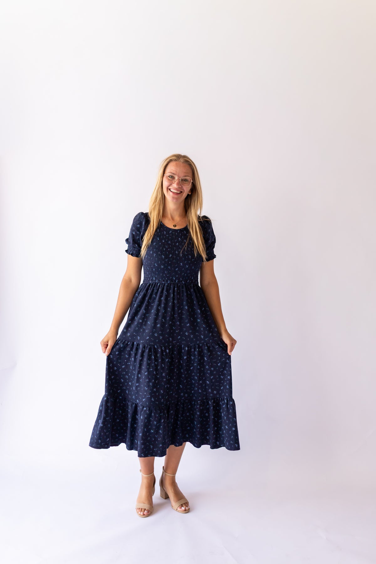 Penelope Smocked Midi Dress -Navy