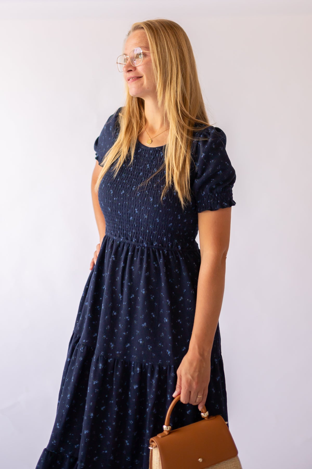 Penelope Smocked Midi Dress -Navy