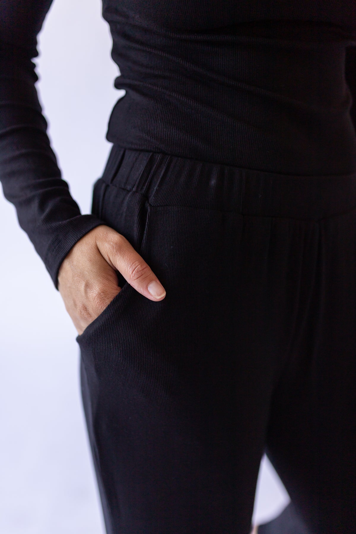 Ribbed Wide Leg Pants -Black