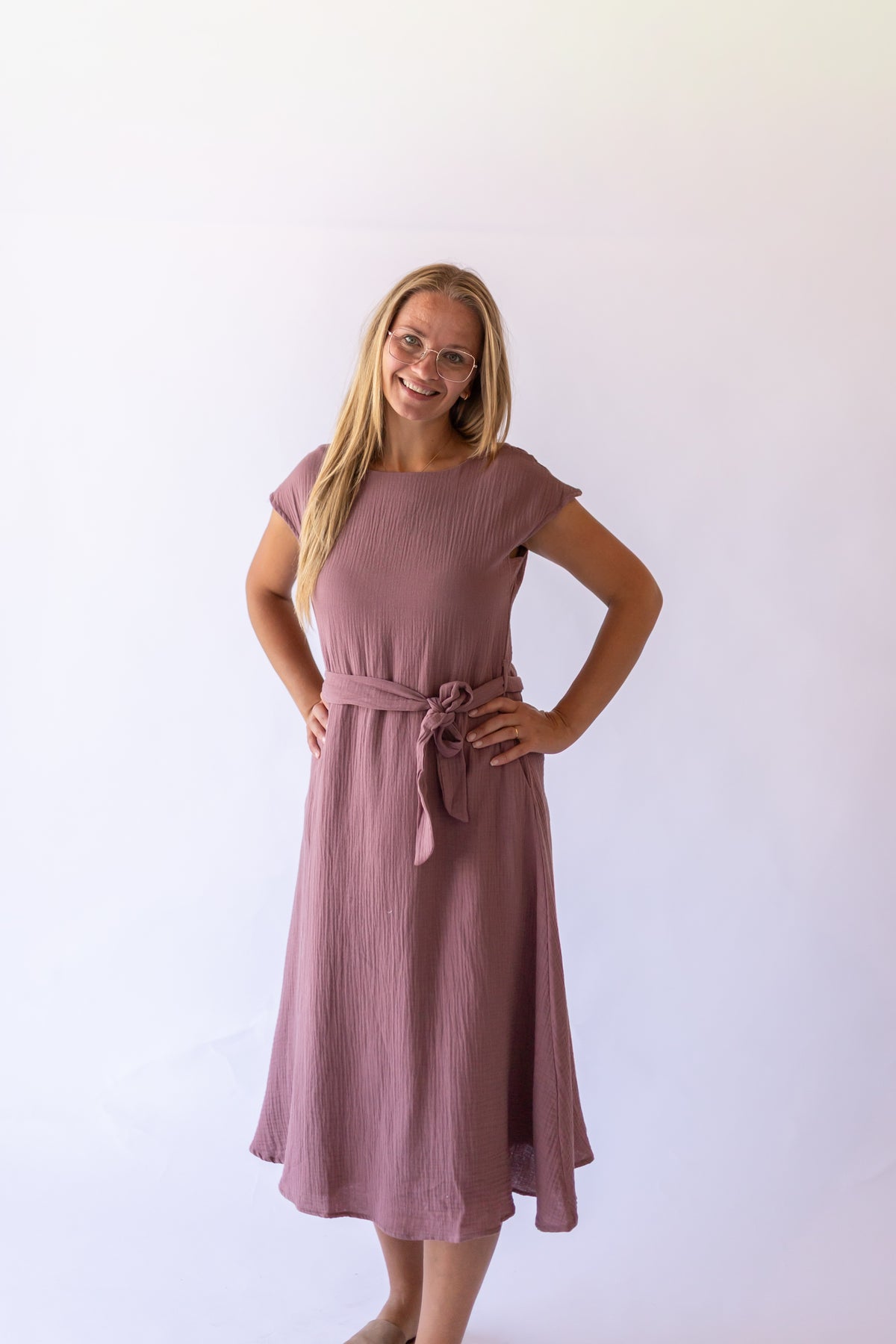 Lily Gauze Belted Midi Dress -Mauve