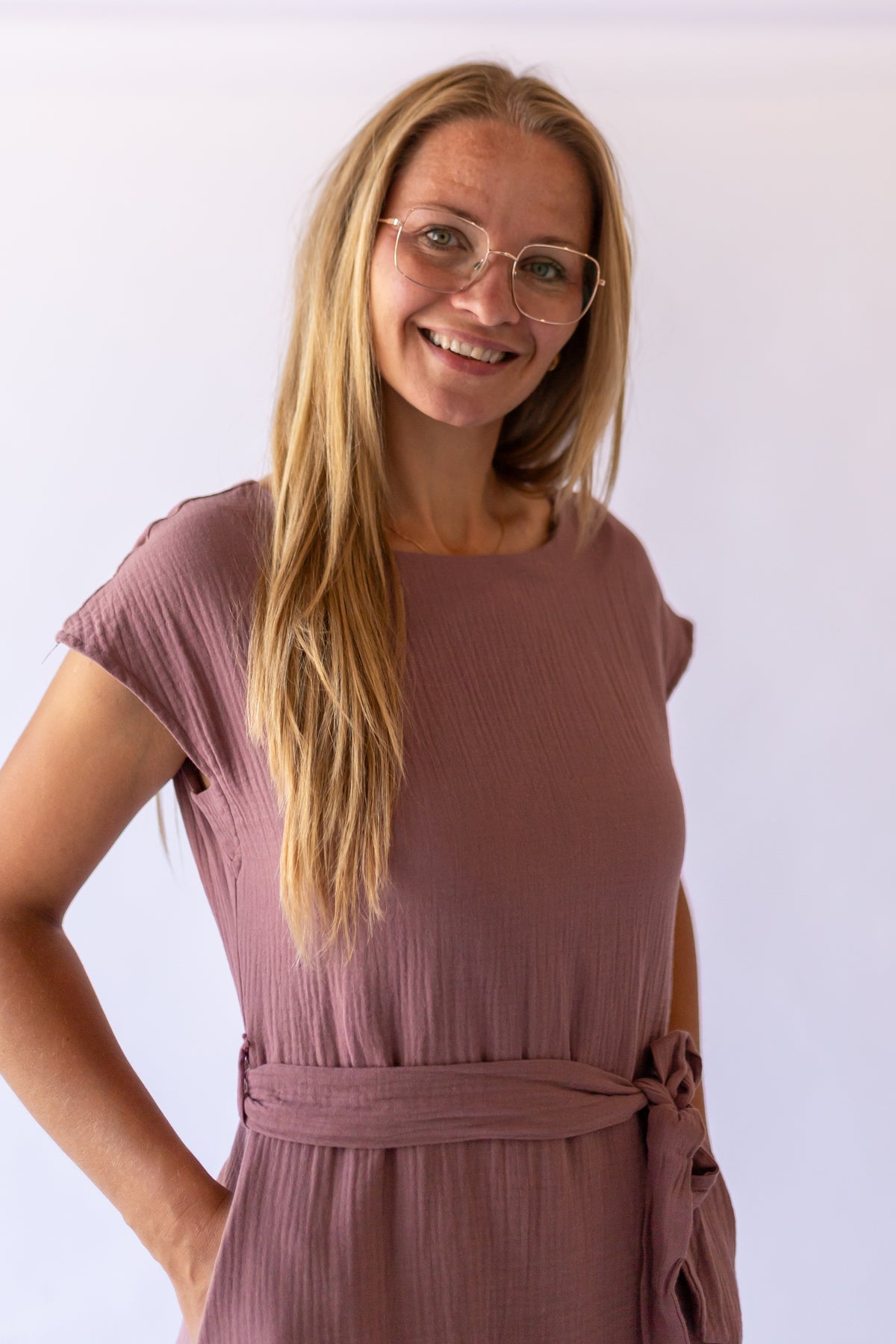 Lily Gauze Belted Midi Dress -Mauve