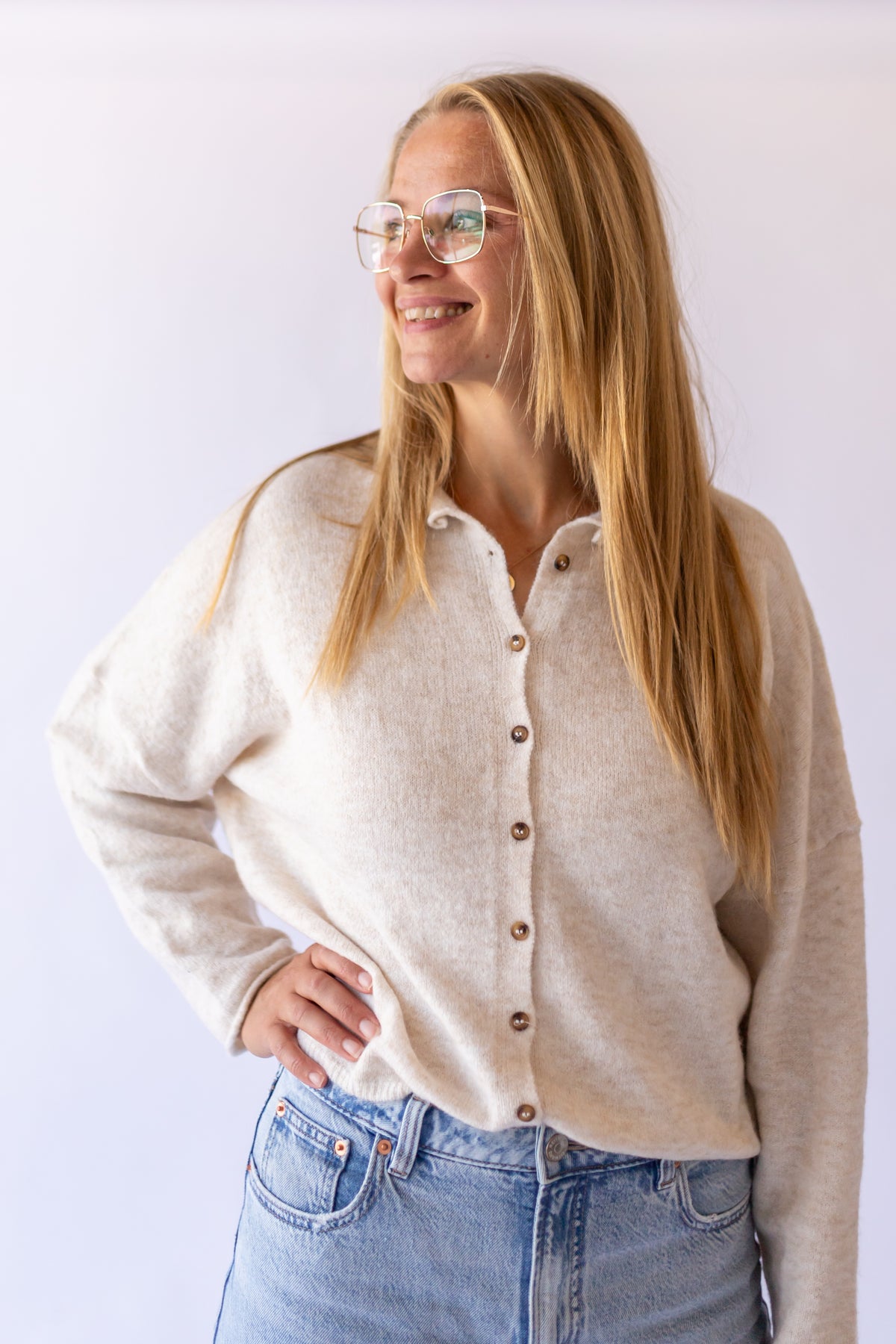 Raw Hem Button Down Cardigan -Oatmeal