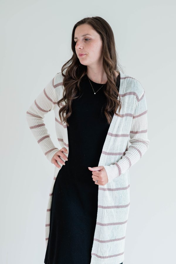 Ribbed Long Cardigan -Misty Lavender/White - Image 2