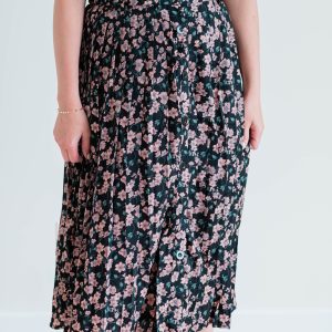 Floral Pleated Midi Skirt Black