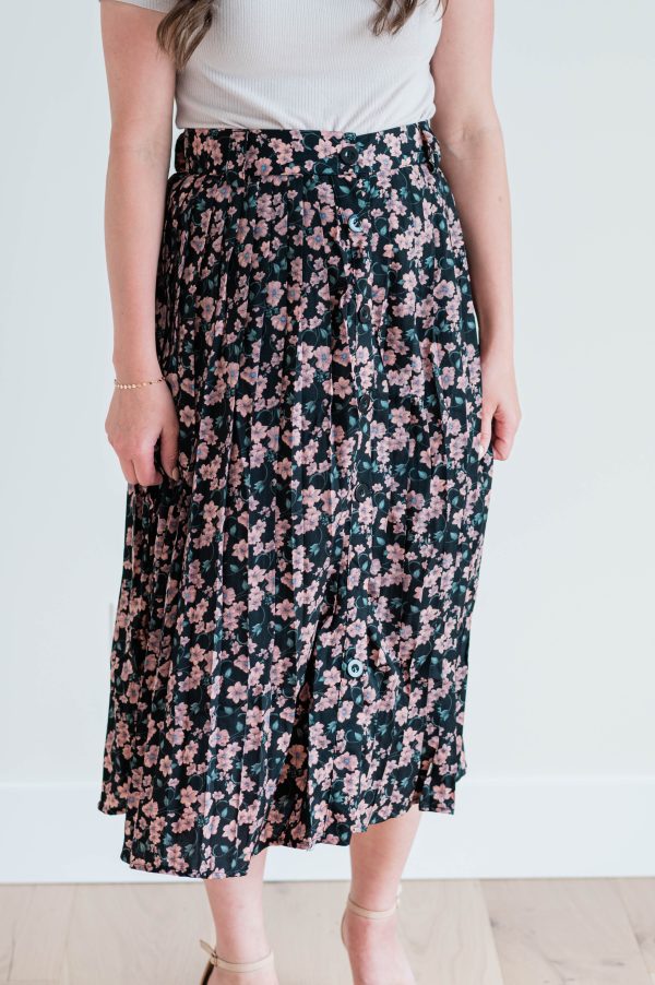 Floral Pleated Midi Skirt Black