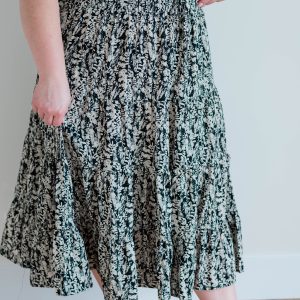 Plus Botanical Print Elastic Waist Tiered Skirt Black