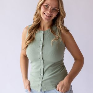 Ribbed Button Up Top -Green