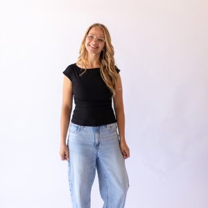 Rouched Cap Sleeve Tee -Black
