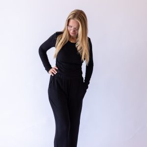 Ribbed Wide Leg Pants -Black